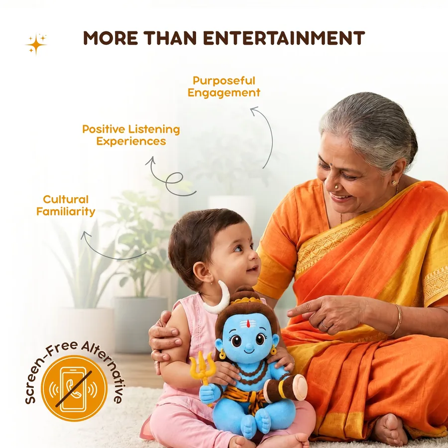 Grandmother and baby with the Mantra Shiva plush — a screen-free devotional companion
