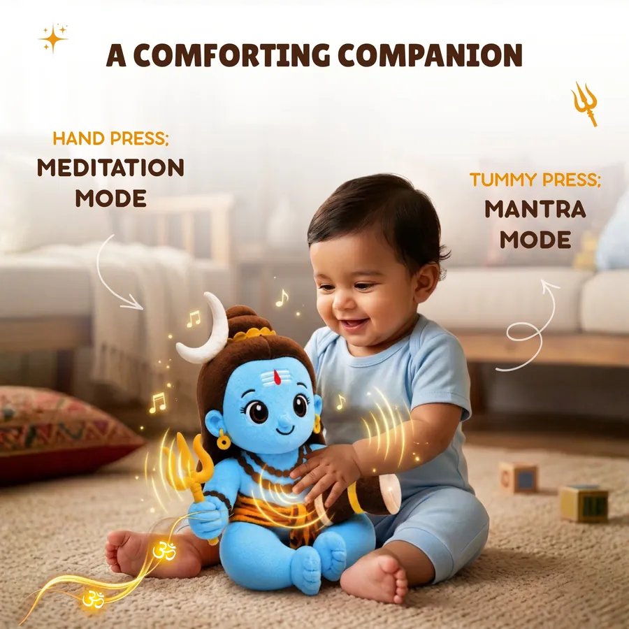 Baby pressing the Shiva plush — hand press for meditation mode, tummy press for mantra mode