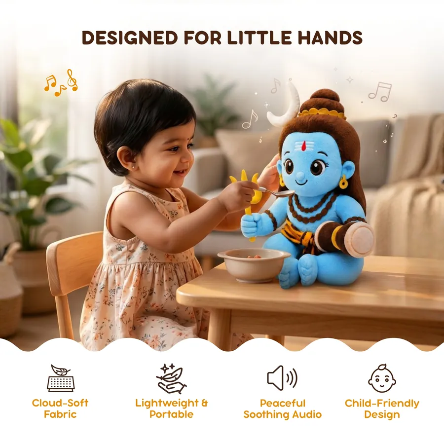 Toddler playing with the Mantra Shiva plush at home
